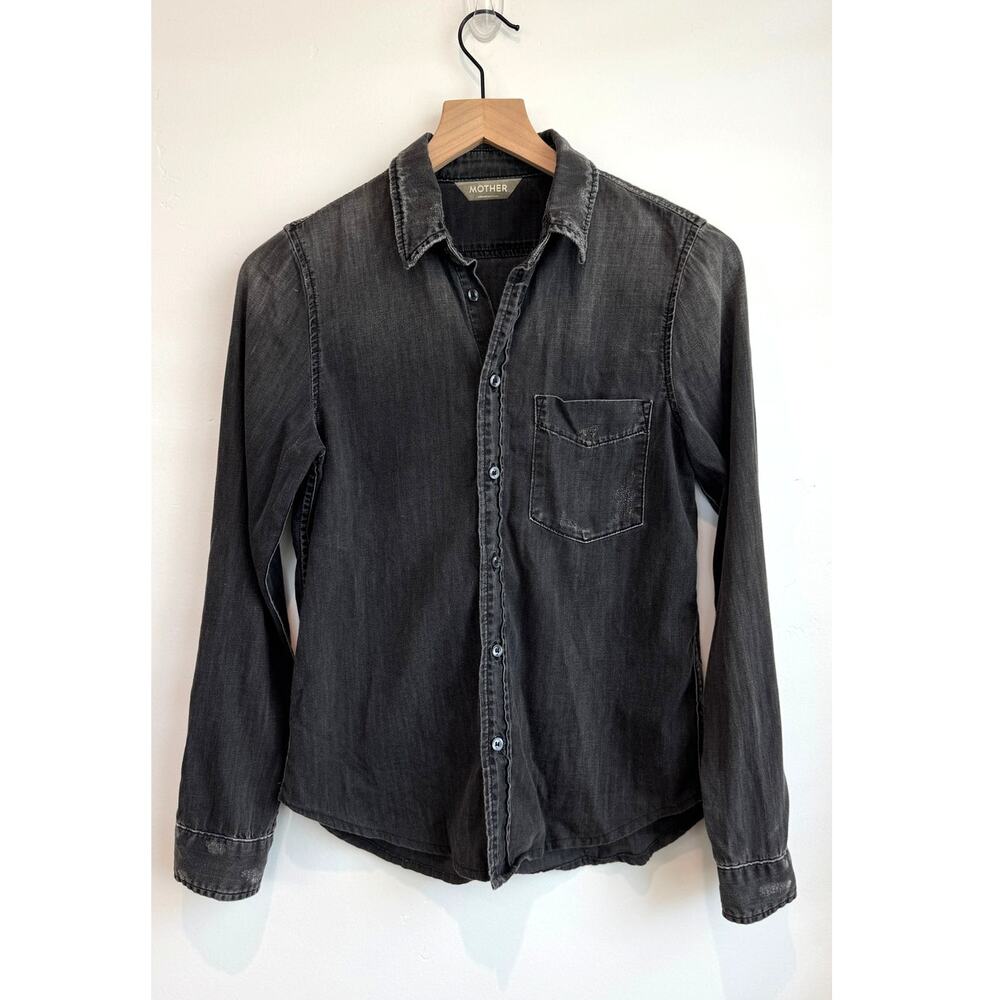 MOTHER Distressed Black Washed Button-Up Denim Shirt Sz Small